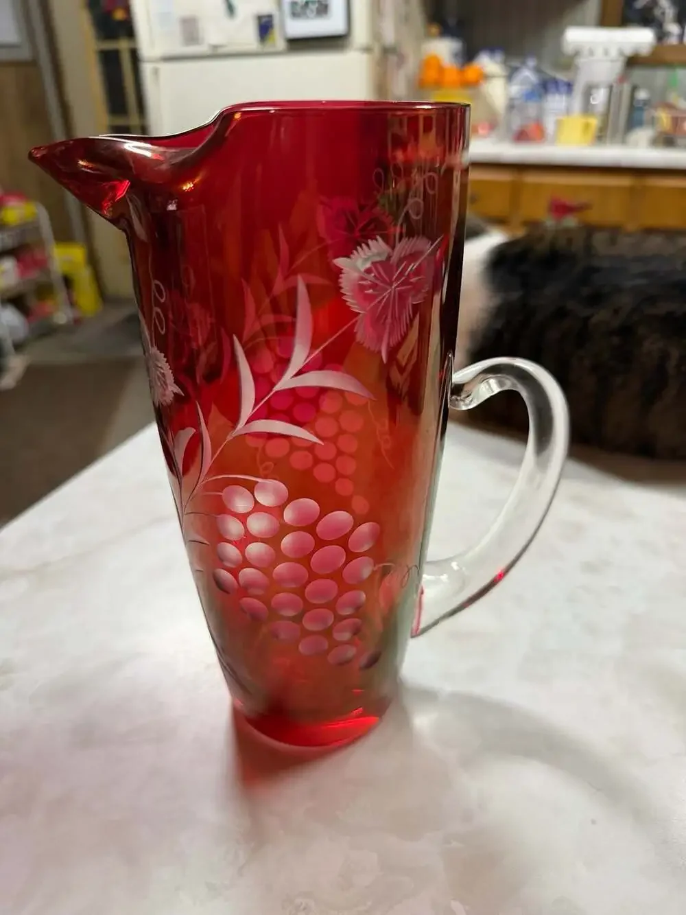 Vintage Ruby Red Glass Pitcher With Frosted Grape-And-Vine Motif And Clear Appli